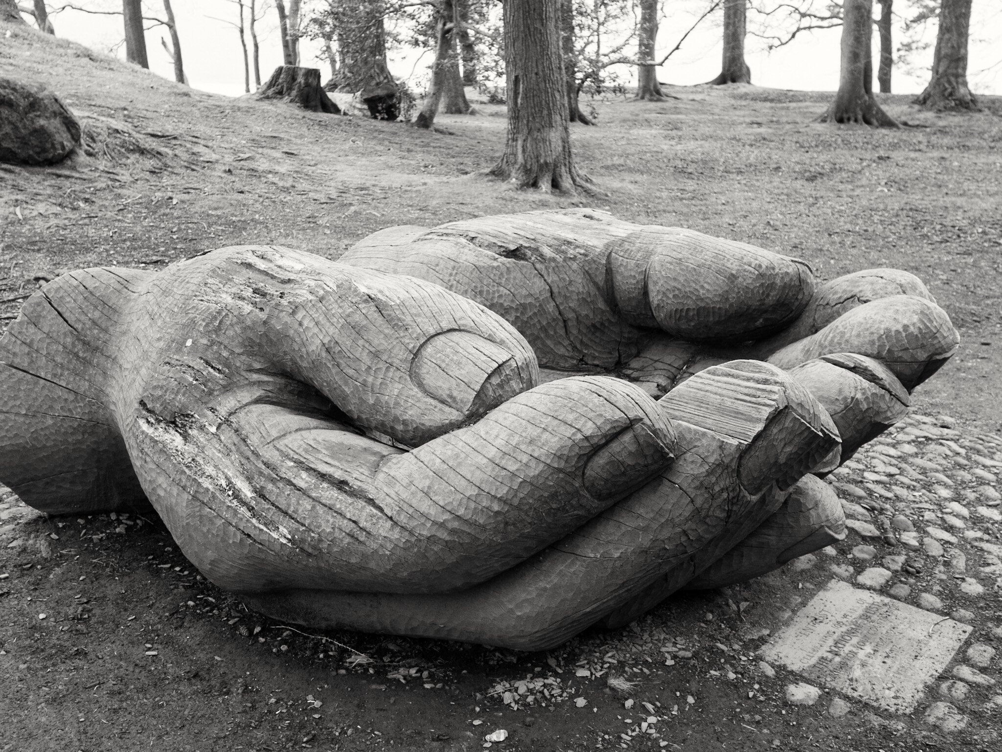 Wooden sculpture of enormous hands cupped