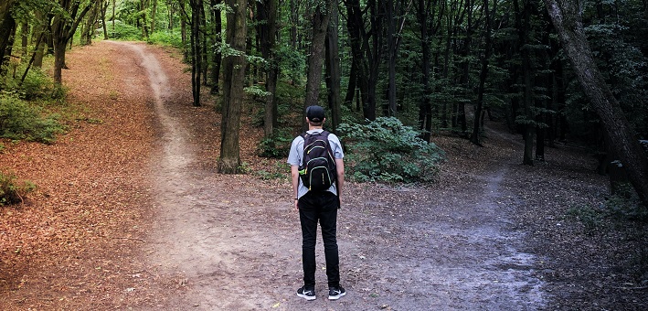 Man contemplating diverging pathways