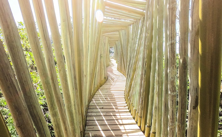 Winding wooden bridge with slanted railing