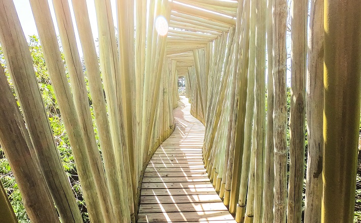 Winding wooden bridge with slanted railing