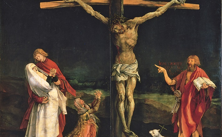 The Isenheim Altarpiece depicts John the Baptist pointing at the crucified Christ.