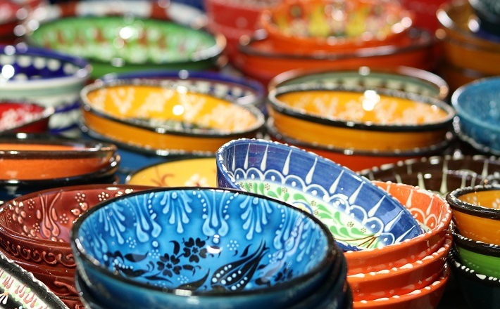 Colorful bowls in marketplace in Jerusalem