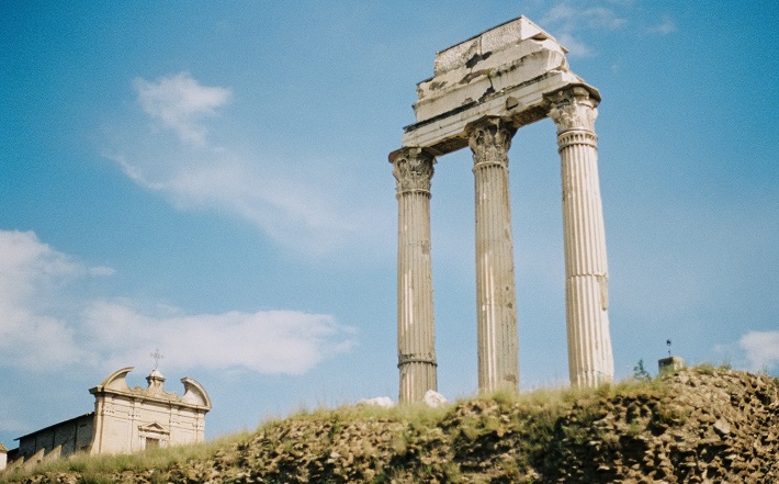 Ancient pillars in front of Christian church