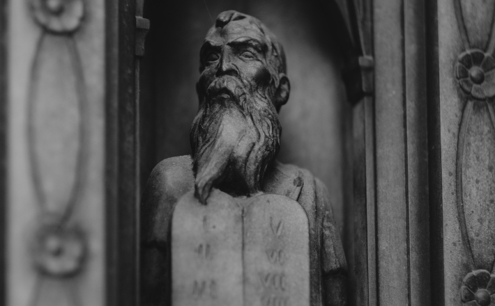 Detail of Moses holding the tablets of the Ten Commandments, from a door at Forest Lawn Memorial Park in Glendale, California.