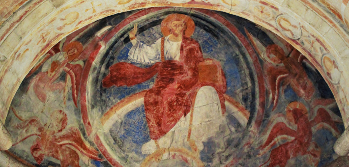 Detail from mural depicting Christ in Majesty in the apse of Vä Church. Romanesque period.