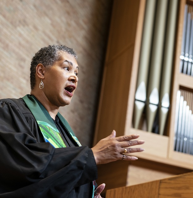 Joy J. Moore preaching at Luther Seminary