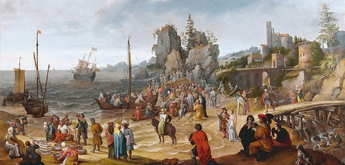landscape painting depicting Jesus on lakeshore