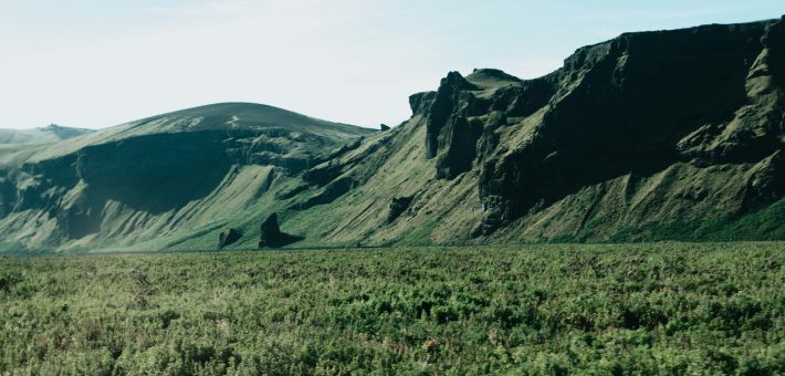 Grassy plain at the base of green foothills