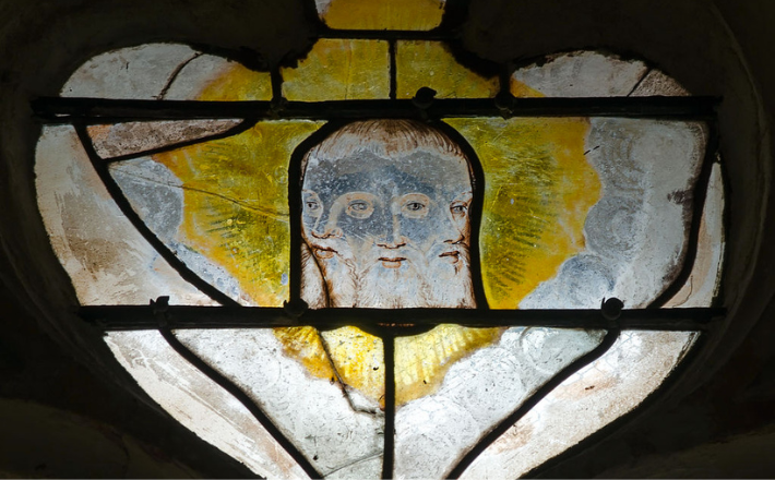 Depiction of the Trinity, detail of stained glass windows in Saint Martin church, Courgenard, Sarthe, France.