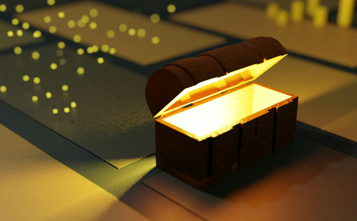 photo of an open treasure box with golden light emitting from it
