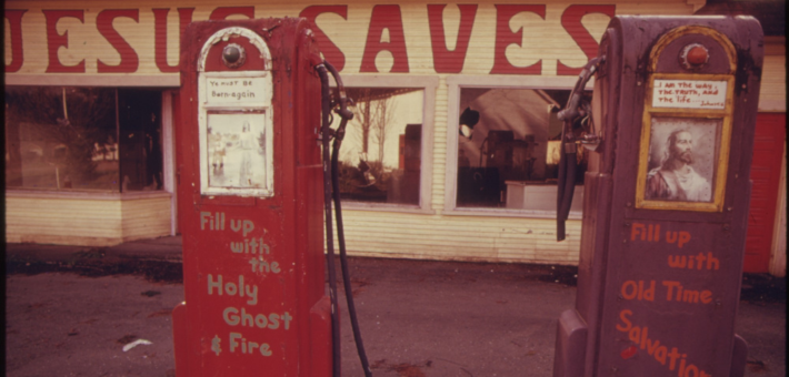 photo of a gas station turned religious meeting hall in Potlatch, WA, 1974.