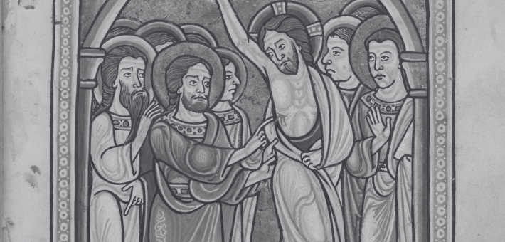 Detail from Folium 025r from the Psalter of Eleanor of Aquitaine (ca. 1185) from the collection of the National Library of the Netherlands. The illumination shows Images from the life of Christ - 