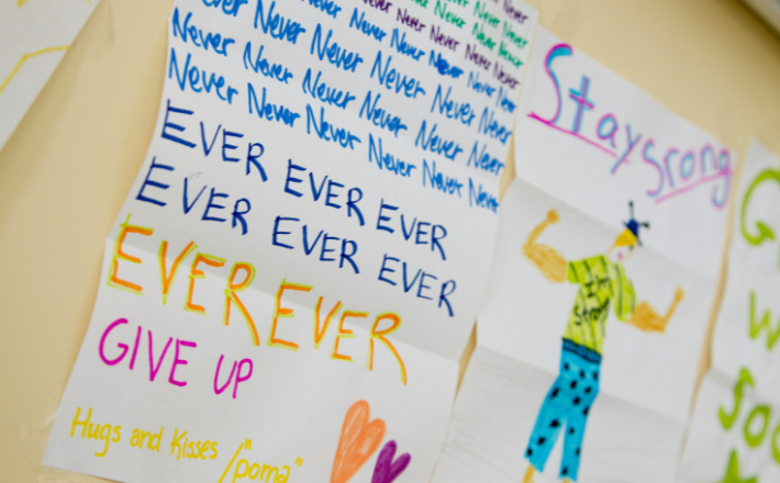 Encouraging sign made for children with cancer at the National Institutes of Health Clinical Center in Bethesda, Maryland.