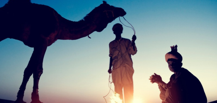photo of a camel and two men near a bonfire in desert