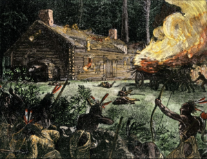King Philip's War, colored woodcut.